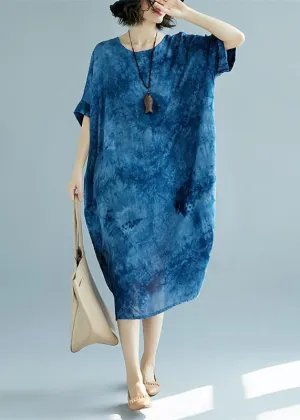 2019 blue long linen dress plus size O neck floral linen clothing dresses casual short sleeve baggy dresses linen caftans