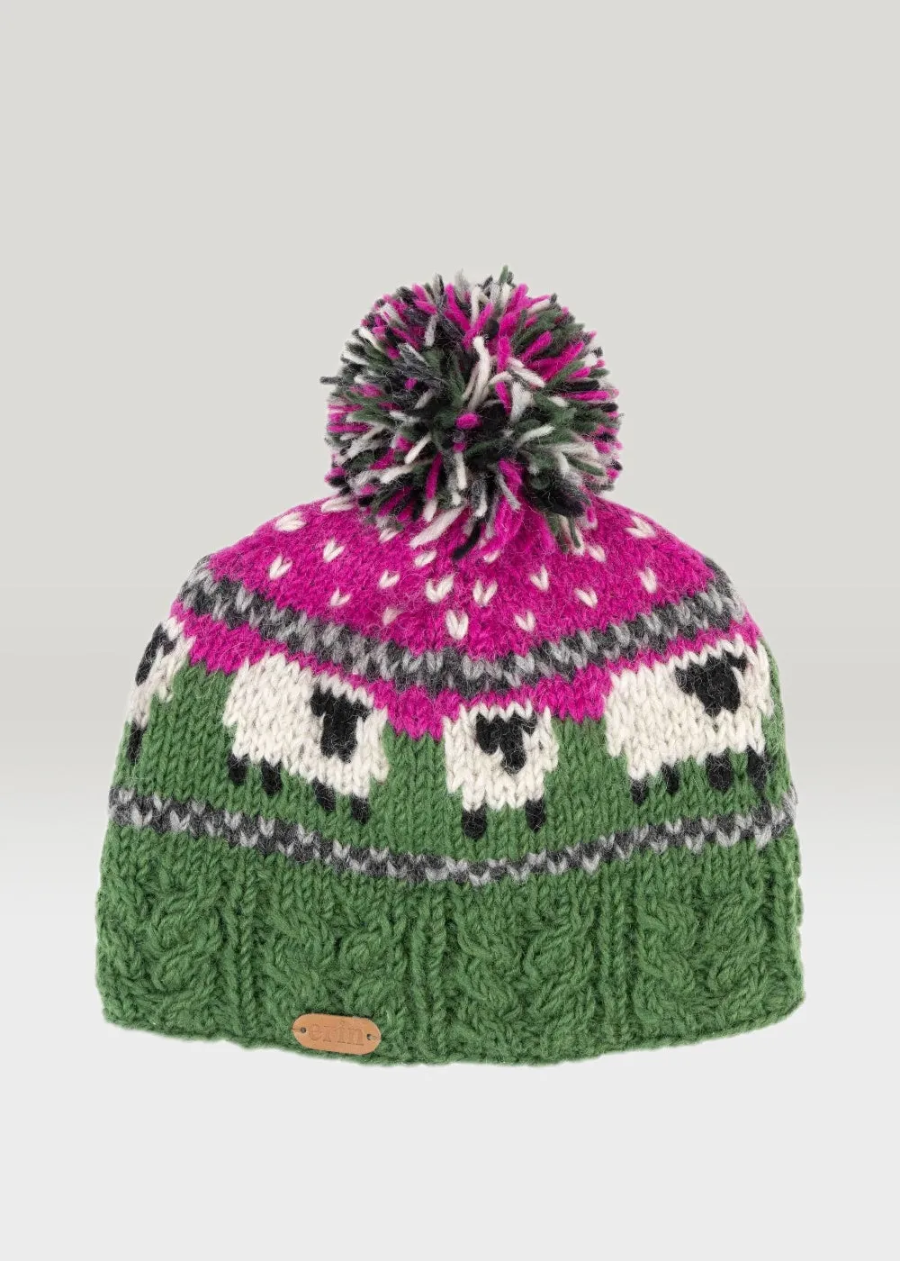 Aran Sheep Bobble Hat Pink and Dark Green