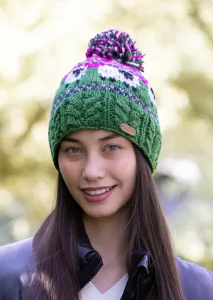 Aran Sheep Bobble Hat Pink and Dark Green