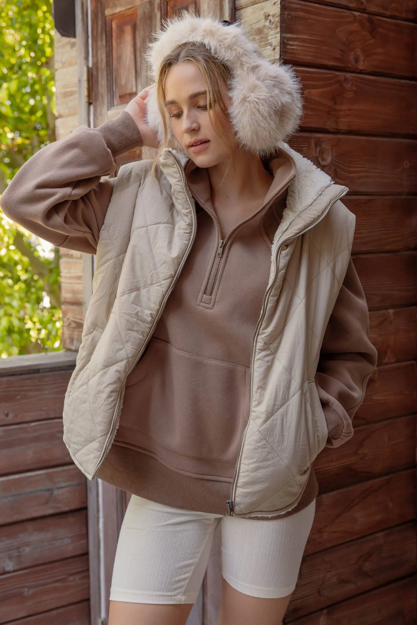 Beige Quilted Zip Up Fleece Vest