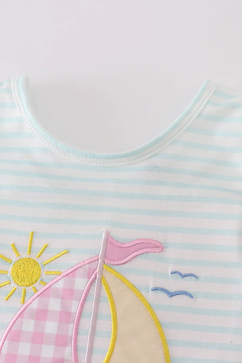 Blue stripe sailboat embroidery girl set