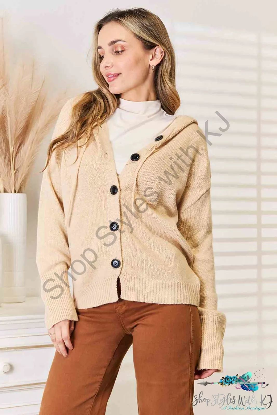 Button-Down Long Sleeve Hooded Sweater