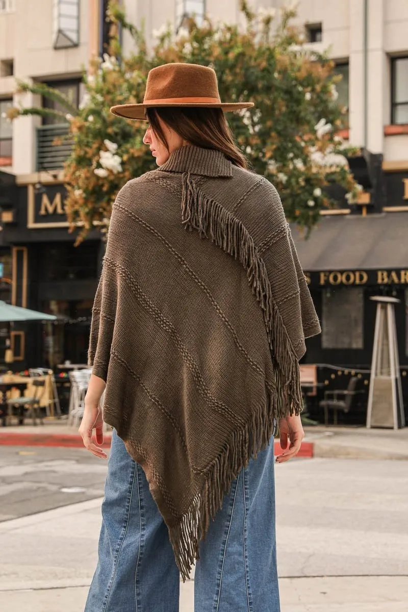 Button Neck Fringe Poncho