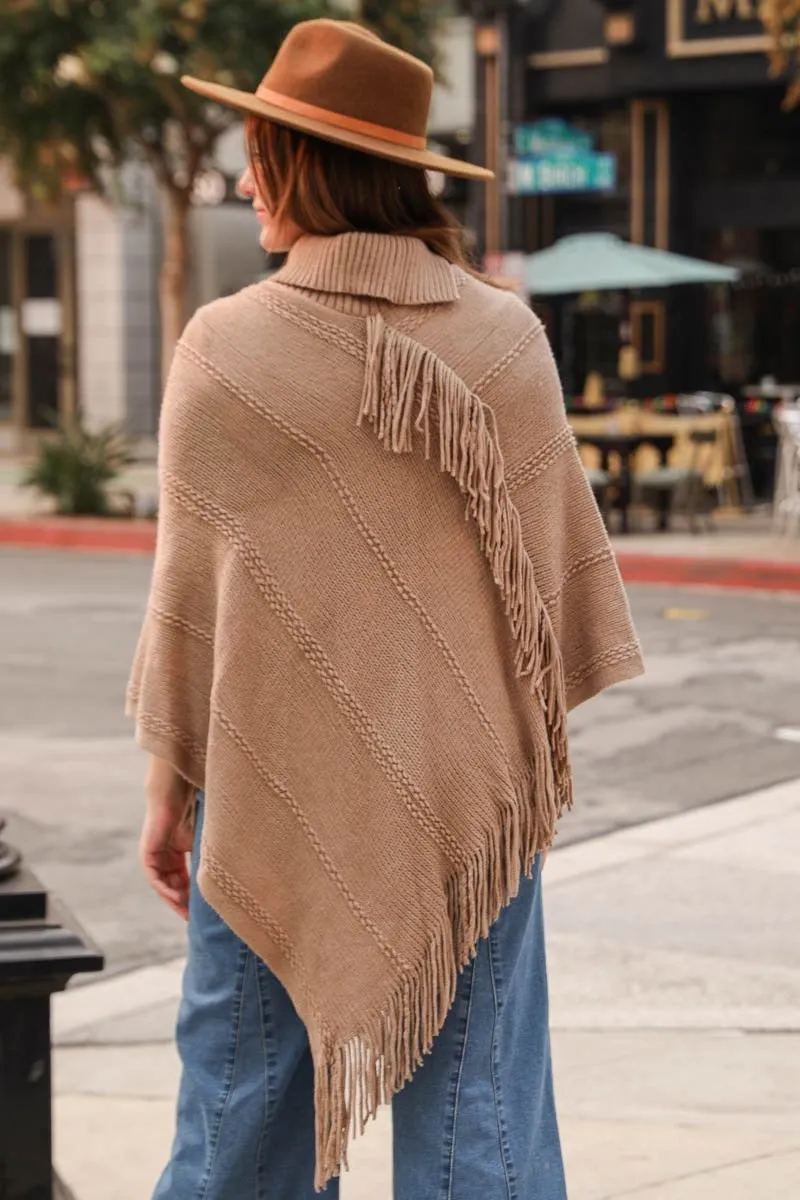 Button Neck Fringe Poncho