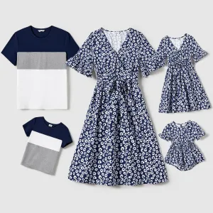 Family Matching Allover Print Short-sleeve Belted Dresses and Cotton Color Block T-shirts Sets