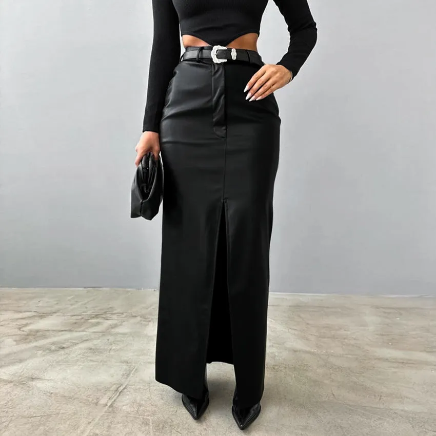 Fleece Lined Matte Leather High Waist Slit Straight Skirt