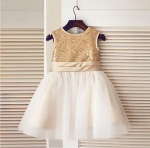 Gold Sequin Simple Cutest  Cheap Soft Pretty Flower Girl Dresses With Bow, FGY0121