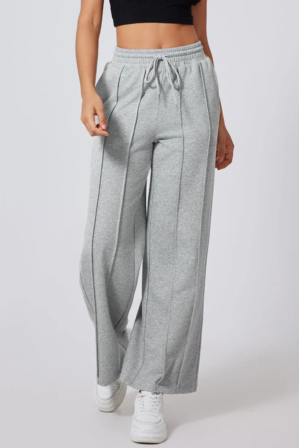 Gray Seamed Drawstring High Waist Wide Leg Sweatpants