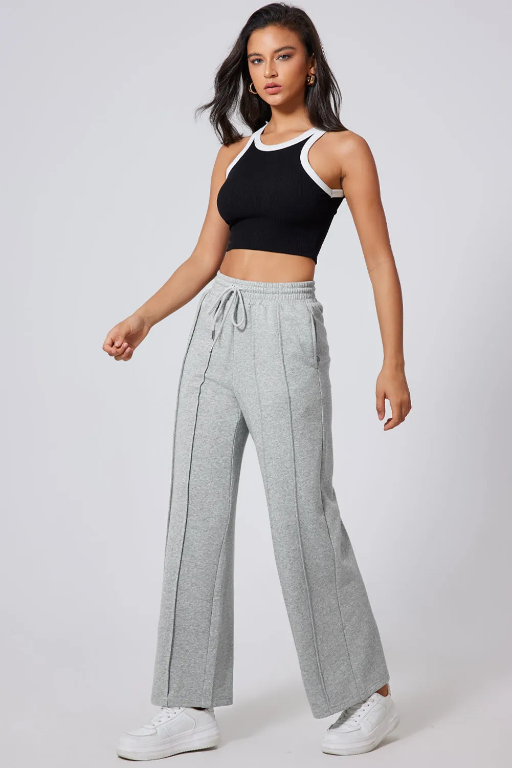 Gray Seamed Drawstring High Waist Wide Leg Sweatpants