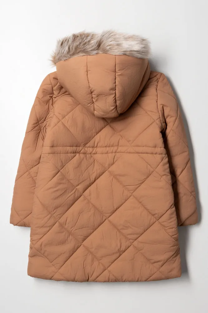 Hooded Puffer Coat Brown