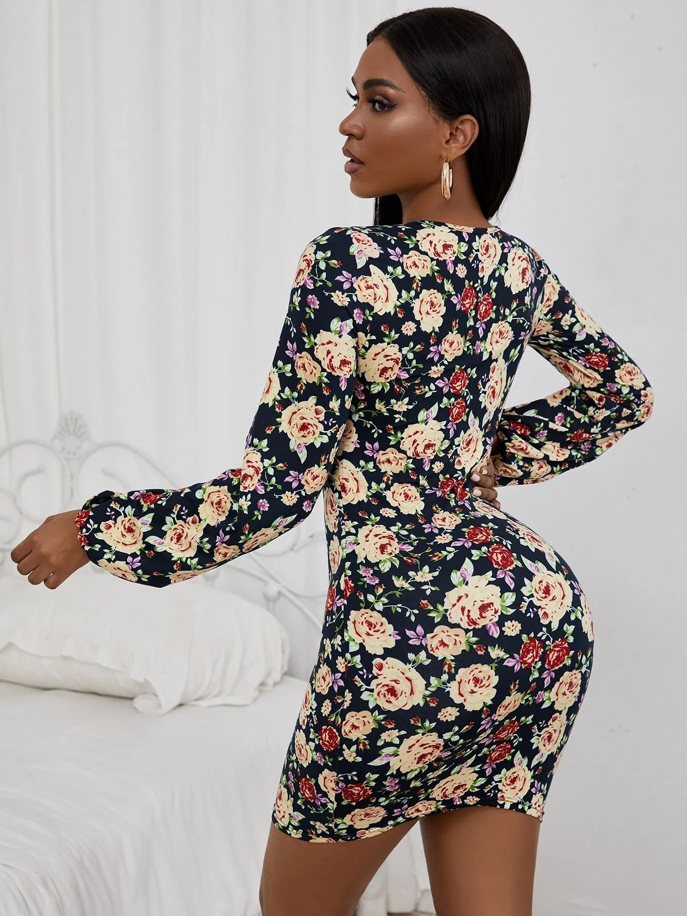 KittenAlarm - Woman Floral Patterns Pencil Short Bodycon Dresses