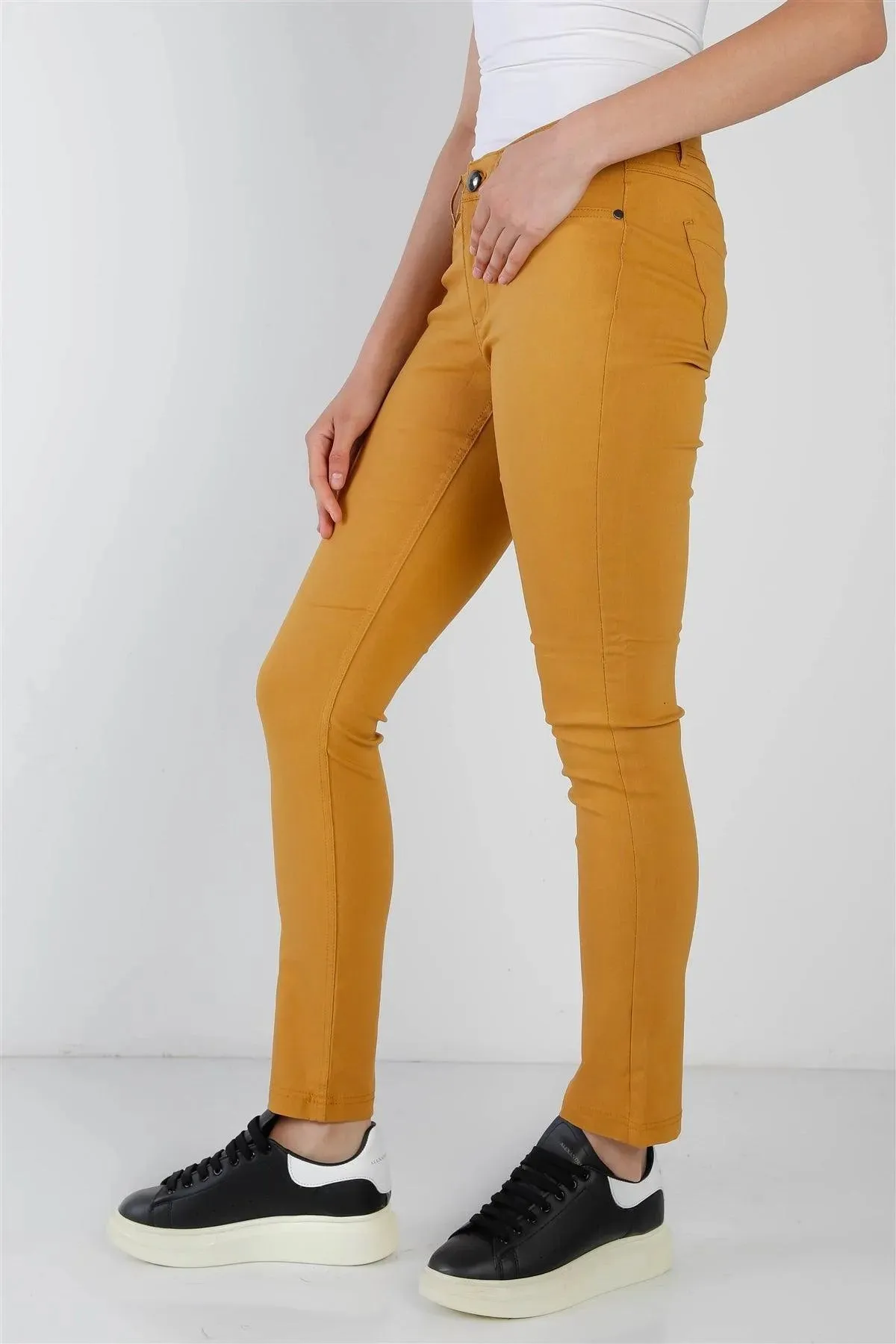 Mustard Contrast Button Mid Rise Skinny Pants