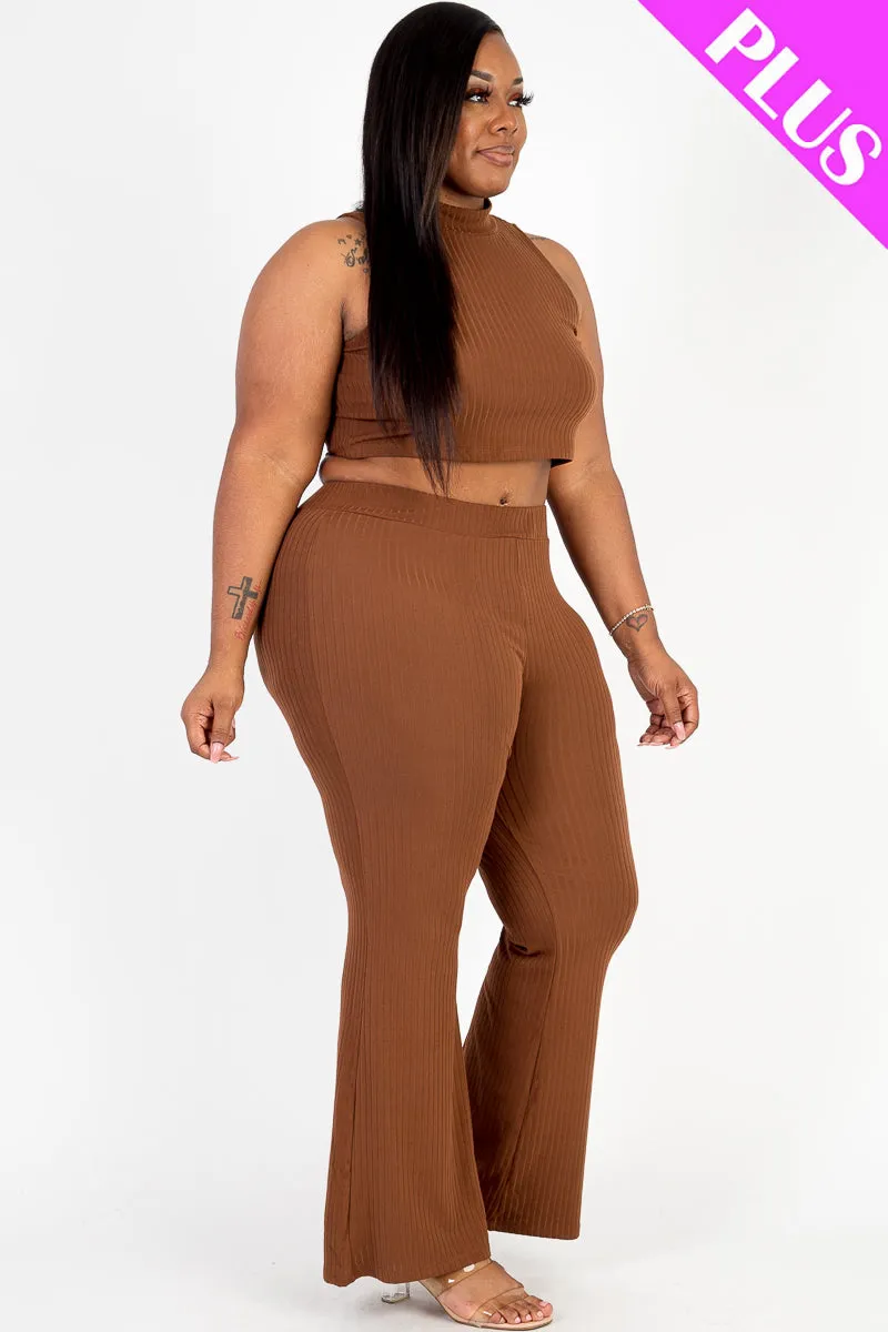 Plus Size Ribbed Mock Neck Crop Tank Top& Bootcut Pants Set (CAPELLA)