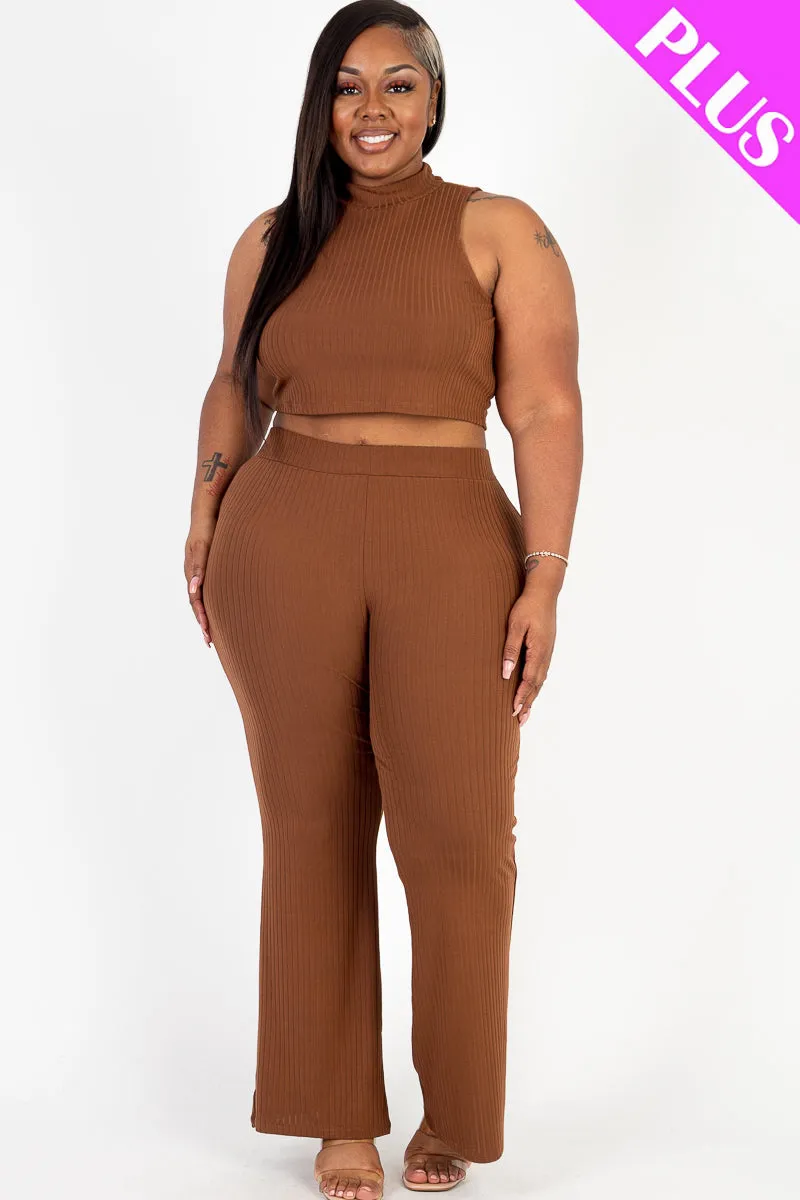 Plus Size Ribbed Mock Neck Crop Tank Top& Bootcut Pants Set (CAPELLA)