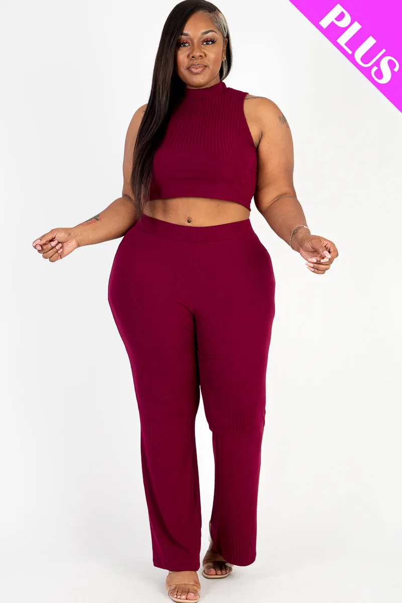 Plus Size Ribbed Mock Neck Crop Tank Top& Bootcut Pants Set (CAPELLA)