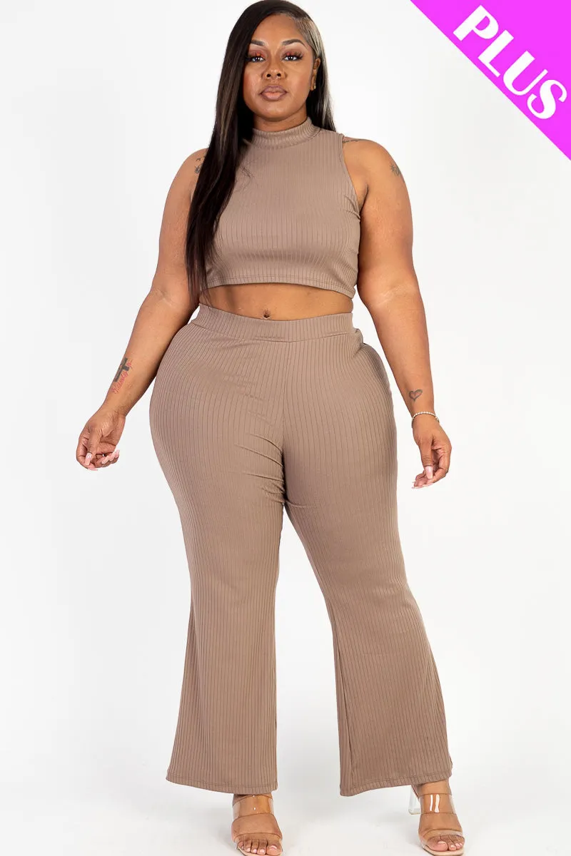 Plus Size Ribbed Mock Neck Crop Tank Top& Bootcut Pants Set (CAPELLA)