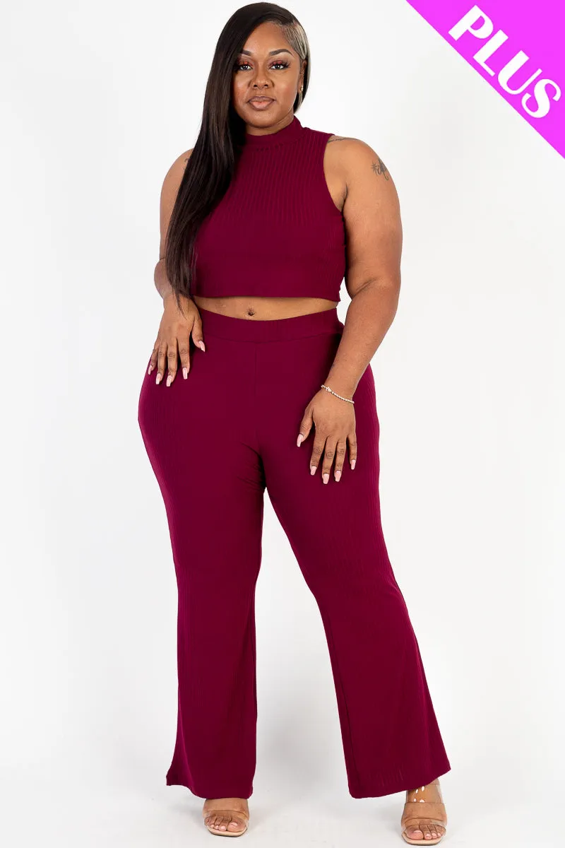 Plus Size Ribbed Mock Neck Crop Tank Top& Bootcut Pants Set (CAPELLA)