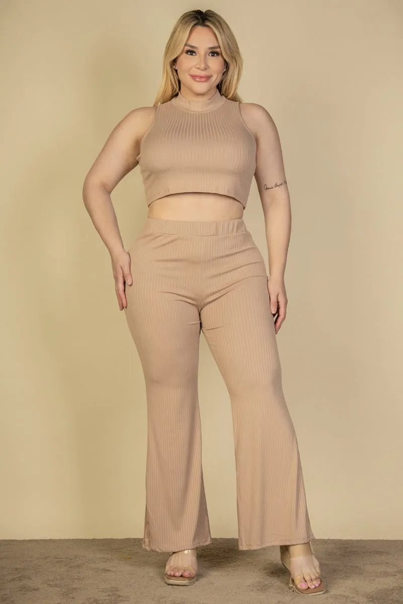 Plus Size Ribbed Mock Neck Crop Tank Top& Bootcut Pants Set (CAPELLA)