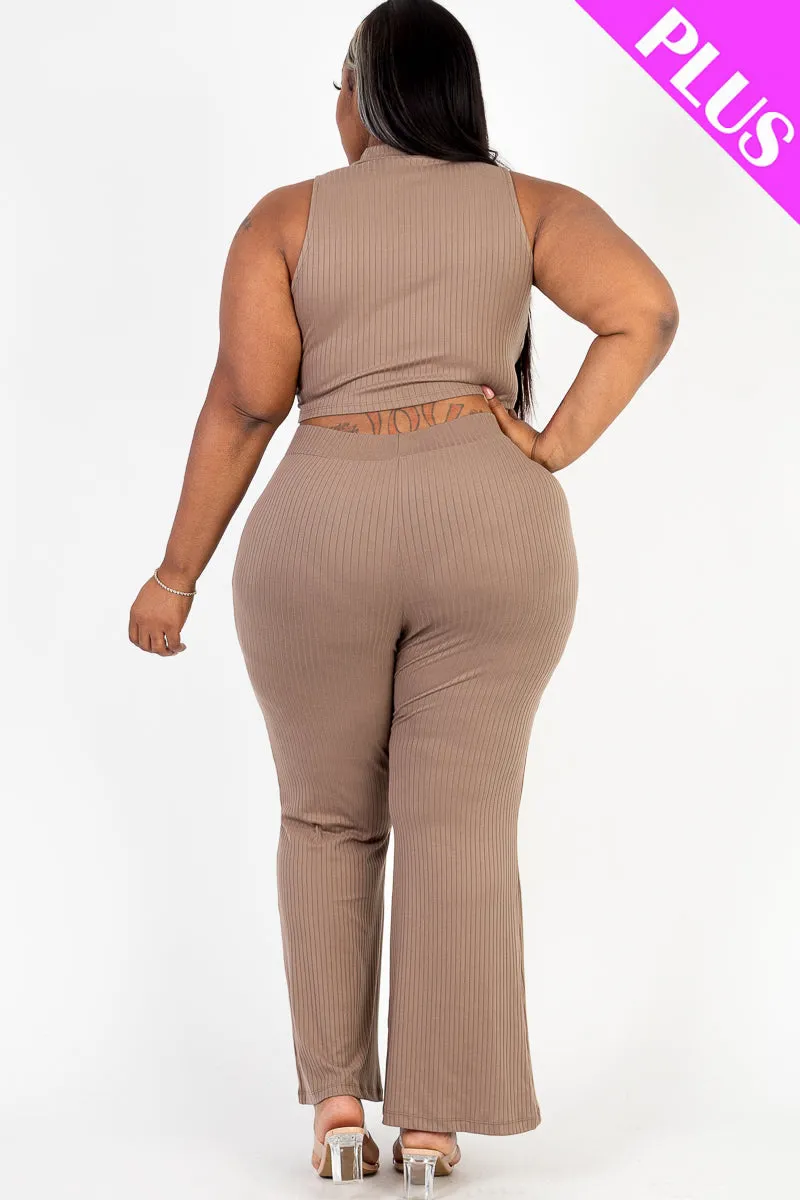 Plus Size Ribbed Mock Neck Crop Tank Top& Bootcut Pants Set (CAPELLA)