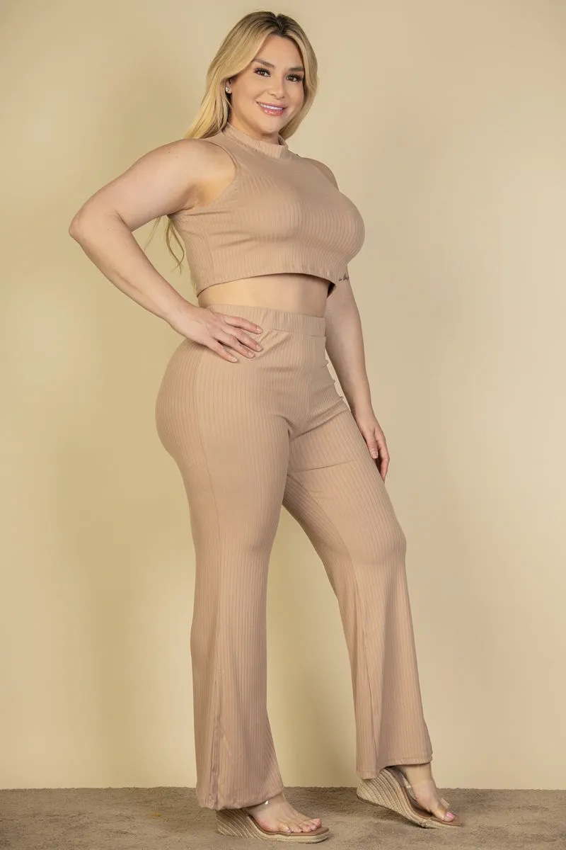 Plus Size Ribbed Mock Neck Crop Tank Top& Bootcut Pants Set (CAPELLA)