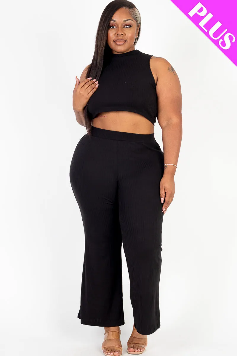 Plus Size Ribbed Mock Neck Crop Tank Top& Bootcut Pants Set (CAPELLA)