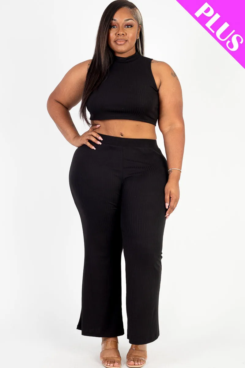 Plus Size Ribbed Mock Neck Crop Tank Top& Bootcut Pants Set (CAPELLA)