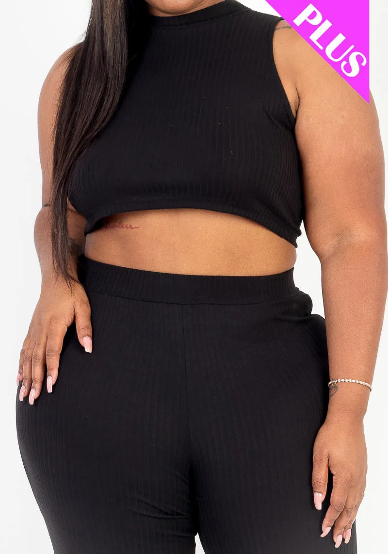 Plus Size Ribbed Mock Neck Crop Tank Top& Bootcut Pants Set (CAPELLA)