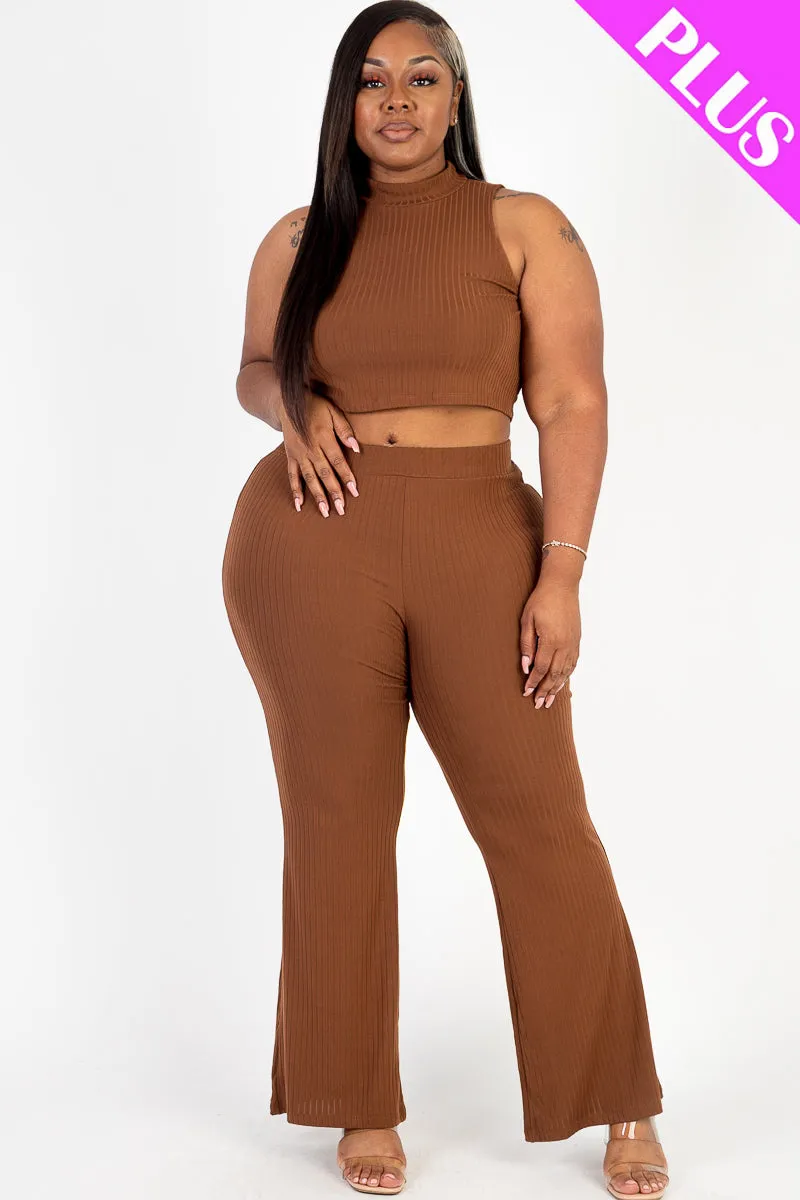 Plus Size Ribbed Mock Neck Crop Tank Top& Bootcut Pants Set (CAPELLA)