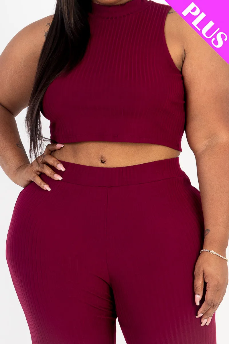 Plus Size Ribbed Mock Neck Crop Tank Top& Bootcut Pants Set (CAPELLA)