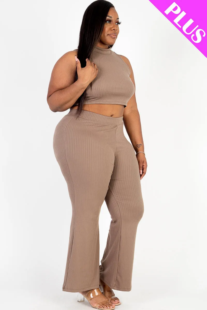 Plus Size Ribbed Mock Neck Crop Tank Top& Bootcut Pants Set (CAPELLA)