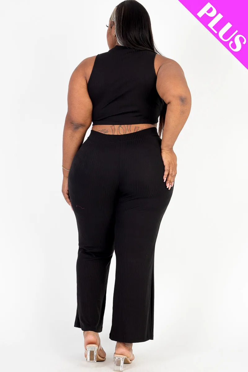 Plus Size Ribbed Mock Neck Crop Tank Top& Bootcut Pants Set (CAPELLA)