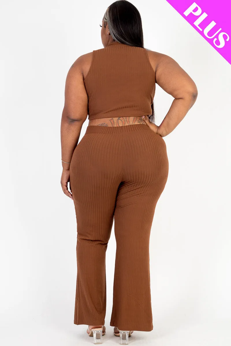 Plus Size Ribbed Mock Neck Crop Tank Top& Bootcut Pants Set (CAPELLA)