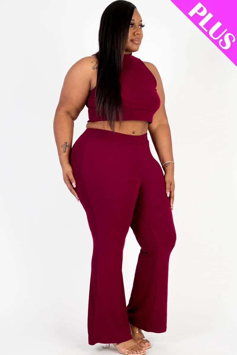 Plus Size Ribbed Mock Neck Crop Tank Top& Bootcut Pants Set (CAPELLA)