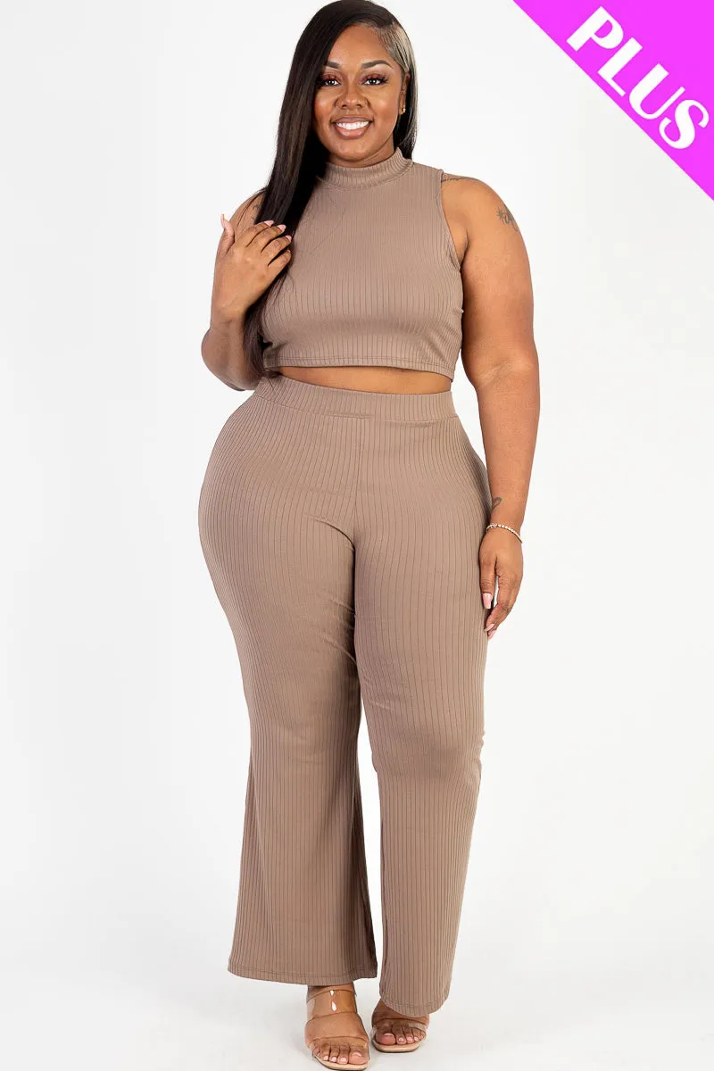 Plus Size Ribbed Mock Neck Crop Tank Top& Bootcut Pants Set (CAPELLA)