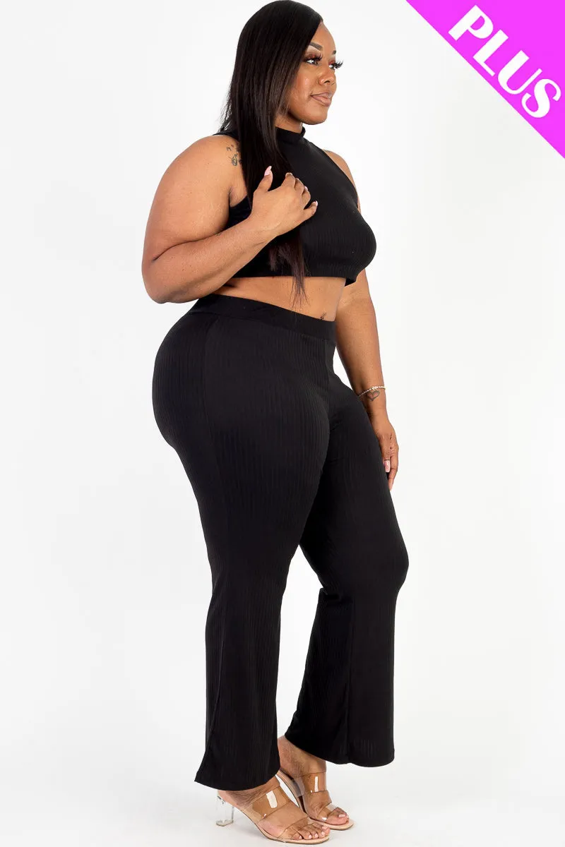 Plus Size Ribbed Mock Neck Crop Tank Top& Bootcut Pants Set (CAPELLA)