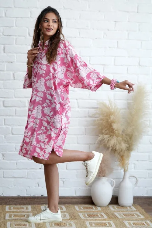 Rosella In Pink Hand Block Printed Oversize Shirt