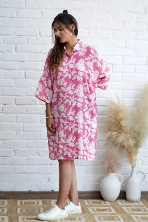 Rosella In Pink Hand Block Printed Oversize Shirt