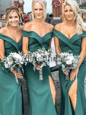 Teal Fashion Off Shoulder Simple Sheath Slit Bridesmaid Dresses, AB4059