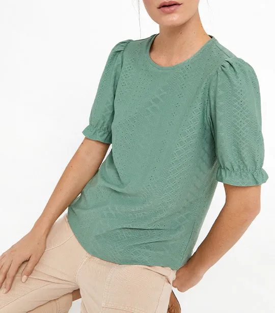 Textured Jersey-knit Openwork Top Light Khaki