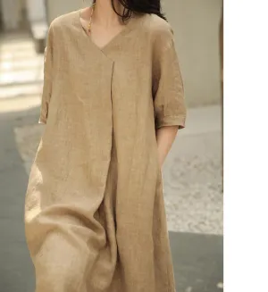 V Neck Washed Soft Summer Dresses Linen Drop Shoulder Women Dresses 5729