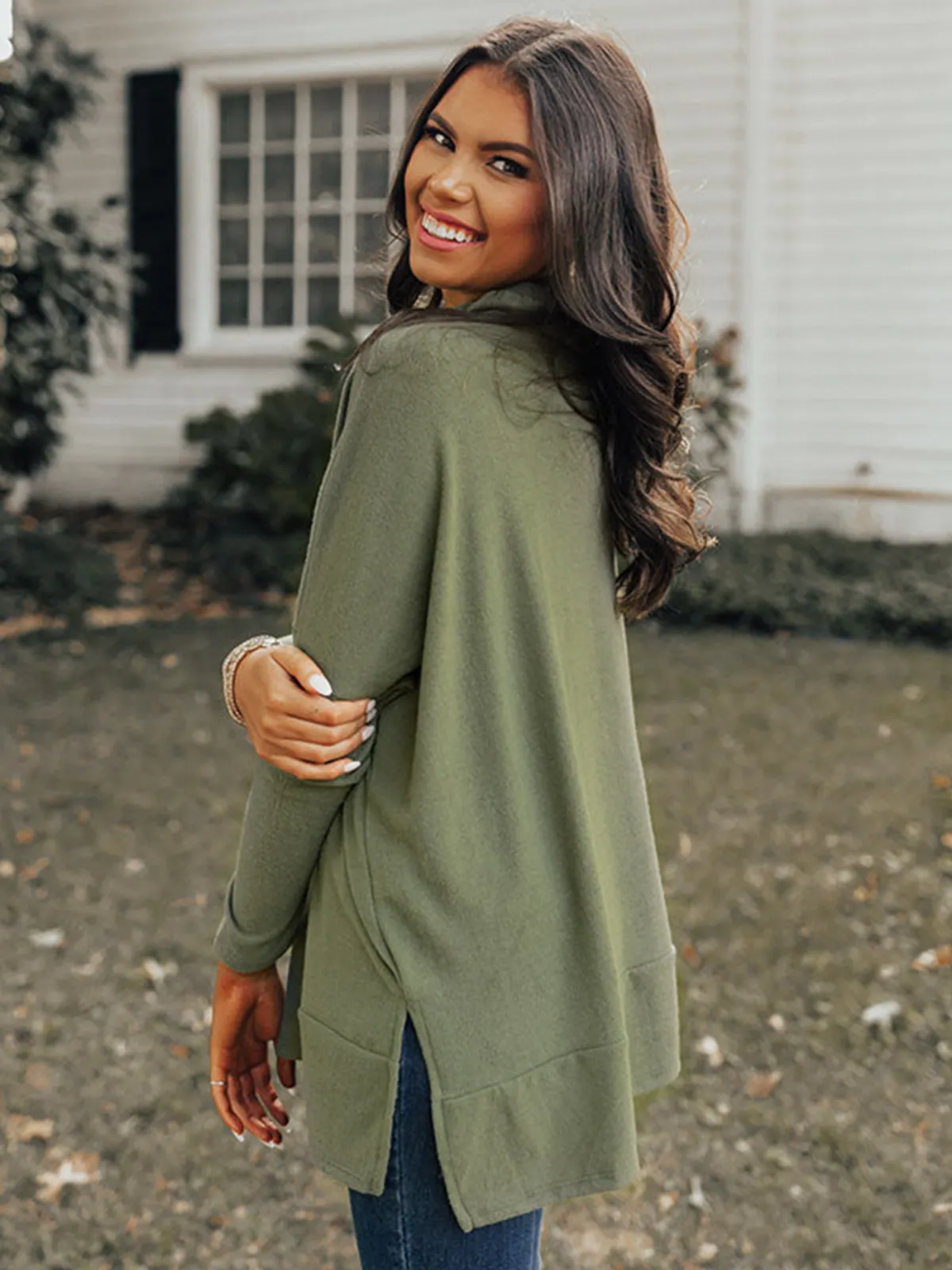 Womens Olive Green Cowl Neck Long Sleeve Tunic Top