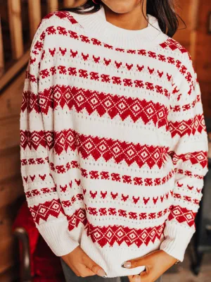 Womens White and Red Western Geometric Pattern Crew Neck Sweater